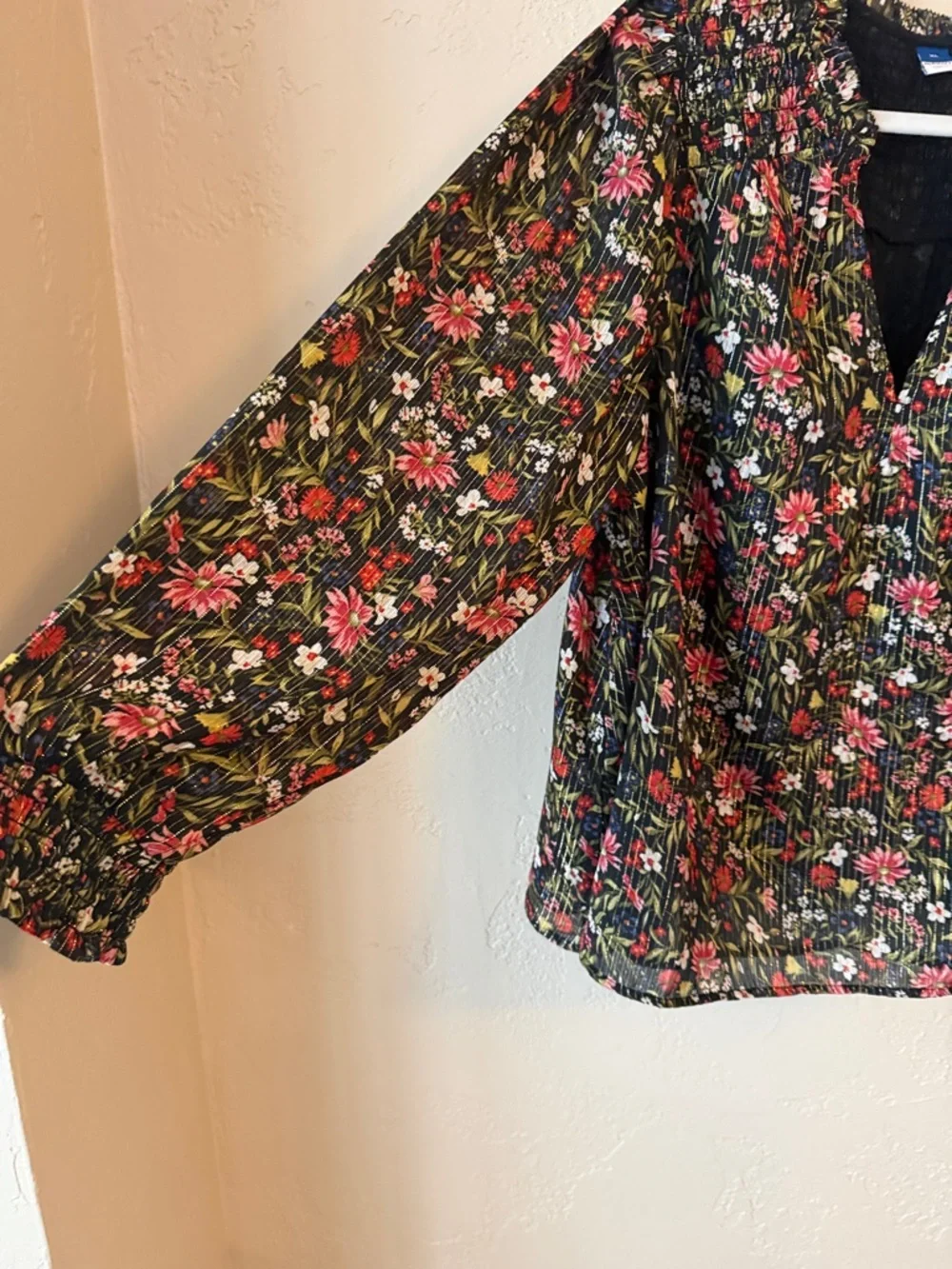 Old‎ Navy Black Floral Smocked-Neck Blouse with Pink and Red Flowers